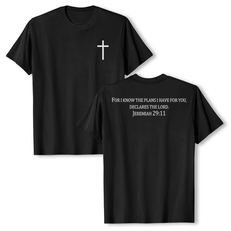 Christianartworkshop Perché io conosco i progetti che ho per voi Geremia 29:11 Maglietta a maniche corte premium con croce sul petto e scritta sulla schiena - Nero - 2XL - image 3