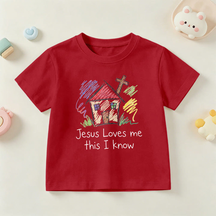 Christianartworkshop Maglietta a maniche corte per bambini con croce della cappella "Gesù mi ama, questo lo so". - Rosso - US/UK/AU 14, EU170 - image 6