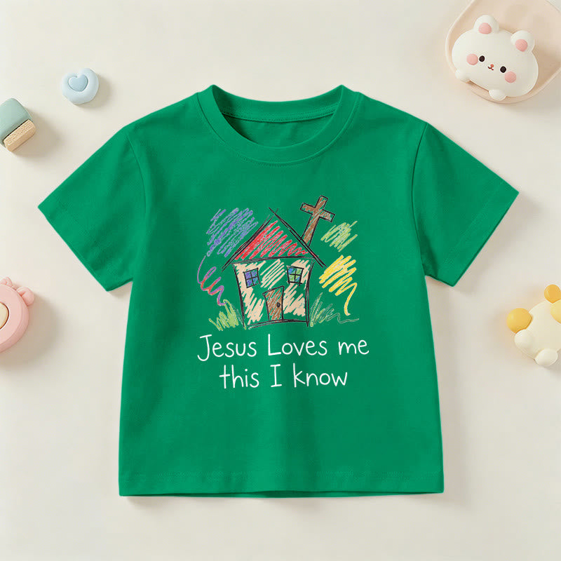 Christianartworkshop Maglietta a maniche corte per bambini con croce della cappella "Gesù mi ama, questo lo so". - Verde - US/UK/AU 14, EU170 - image 12