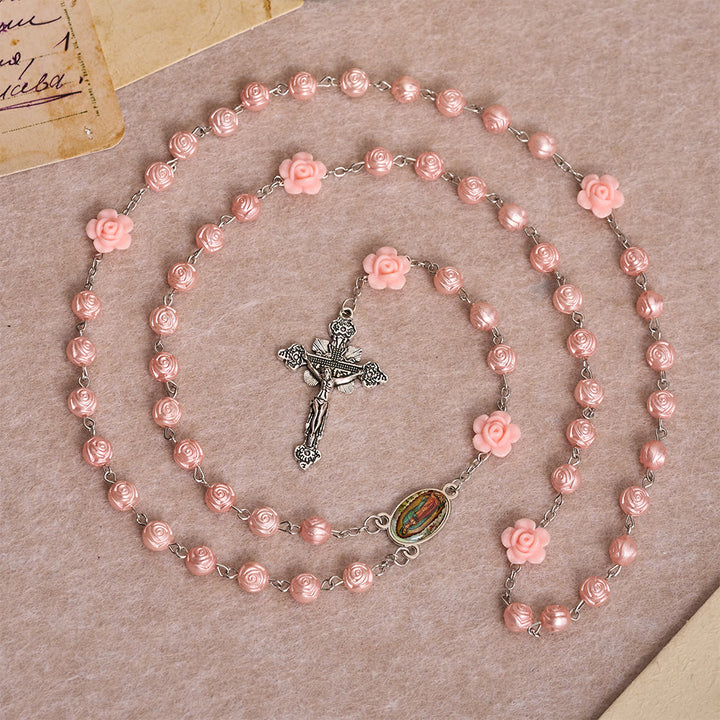 Christianartworkshop Rosario con perline lucide a forma di rosa in rilievo, decorazioni floreali 3D, medaglia smaltata della Madonna e crocifisso antico. - image 2