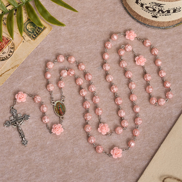 Christianartworkshop Rosario con perline lucide a forma di rosa in rilievo, decorazioni floreali 3D, medaglia smaltata della Madonna e crocifisso antico. - image 3