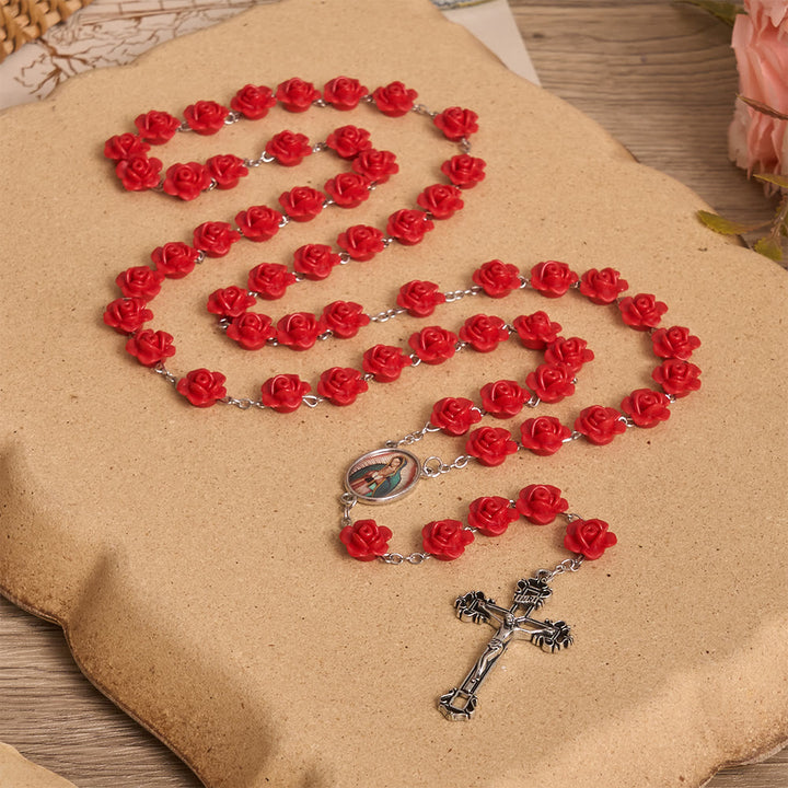 Christianartworkshop Elegante medaglia smaltata con fiore di rosa rossa e crocifisso della Madonna, rosario con crocifisso. - image 1