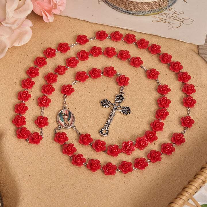 Christianartworkshop Elegante medaglia smaltata con fiore di rosa rossa e crocifisso della Madonna, rosario con crocifisso. - image 2