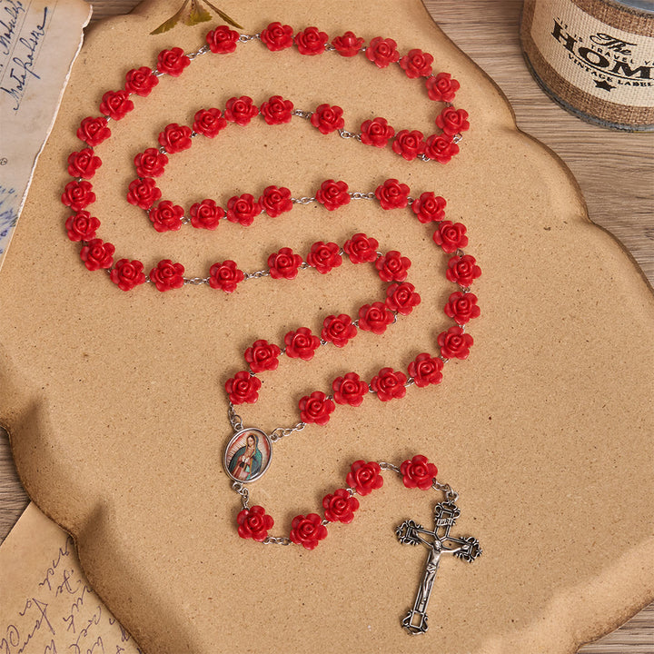 Christianartworkshop Elegante medaglia smaltata con fiore di rosa rossa e crocifisso della Madonna, rosario con crocifisso. - Rosario di rose rosse - image 0