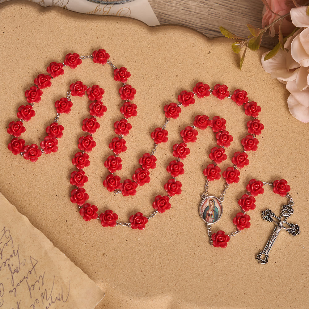 Christianartworkshop Elegante medaglia smaltata con fiore di rosa rossa e crocifisso della Madonna, rosario con crocifisso. - image 3