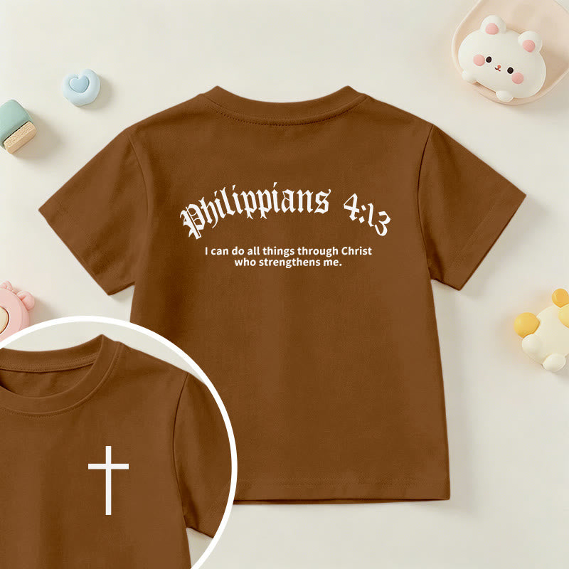 Christianartworkshop Filippesi 4:13, Croce sul petto, Scritture sul retro, Carattere gotico, Maglietta a maniche corte per bambini - Marrone - US/UK/AU 14, EU170 - image 18