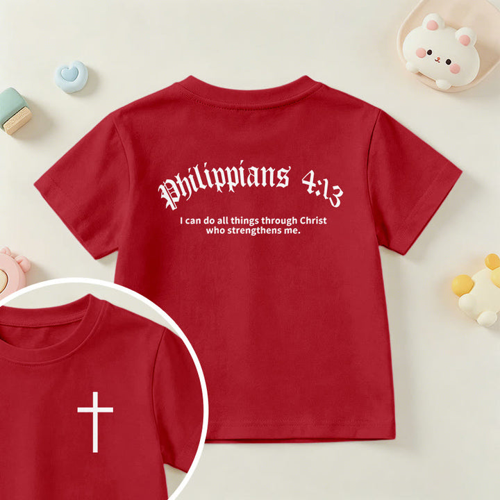 Christianartworkshop Filippesi 4:13, Croce sul petto, Scritture sul retro, Carattere gotico, Maglietta a maniche corte per bambini - Rosso - US/UK/AU 14, EU170 - image 54
