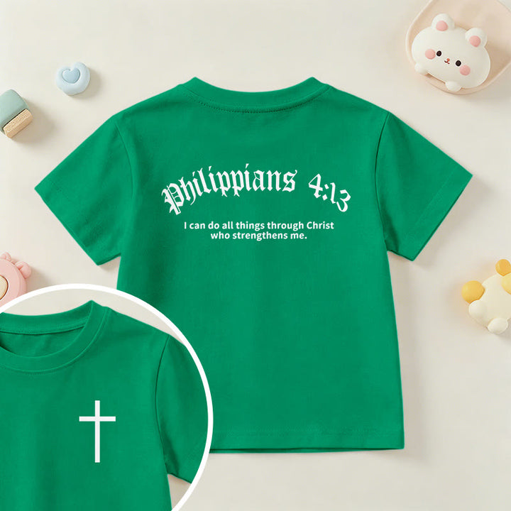 Christianartworkshop Filippesi 4:13, Croce sul petto, Scritture sul retro, Carattere gotico, Maglietta a maniche corte per bambini - Verde - US/UK/AU 14, EU170 - image 72