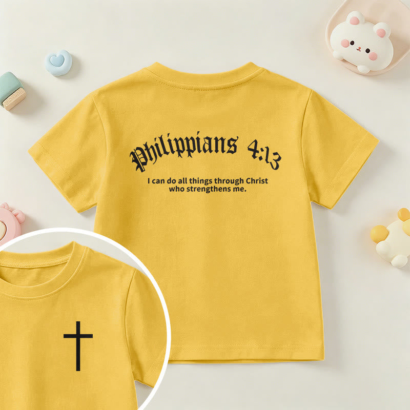 Christianartworkshop Filippesi 4:13, Croce sul petto, Scritture sul retro, Carattere gotico, Maglietta a maniche corte per bambini - Giallo - US/UK/AU 14, EU170 - image 27