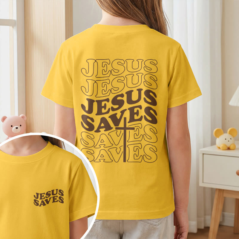 Christianartworkshop Maglietta a maniche corte per bambini con la classica scritta "Gesù salva" e la croce a bolle, ideale per la fede. - image 29