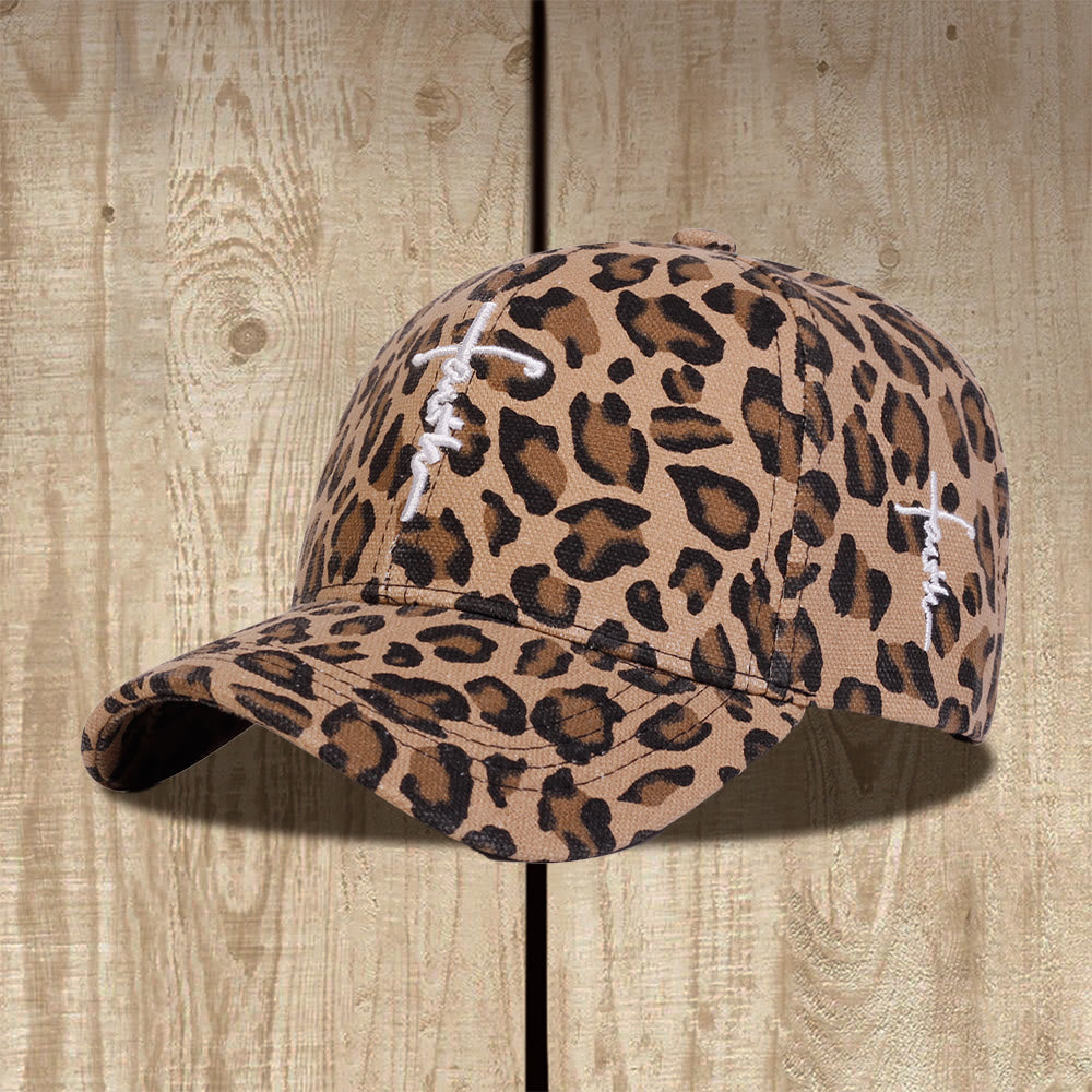 Christianartworkshop Cappellino da baseball unisex con stampa leopardata e ricamo a croce in corsivo "Faith", effetto lavato. - Marrone - image 2