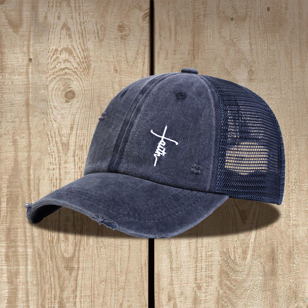 Christianartworkshop Cappellino da camionista unisex con retro in rete effetto invecchiato e ricamo a croce della fede in corsivo. - Blu navy - image 2
