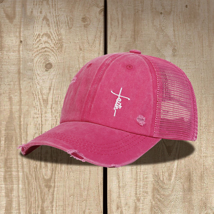 Christianartworkshop Cappellino da camionista unisex con retro in rete effetto invecchiato e ricamo a croce della fede in corsivo. - Rosa - image 4