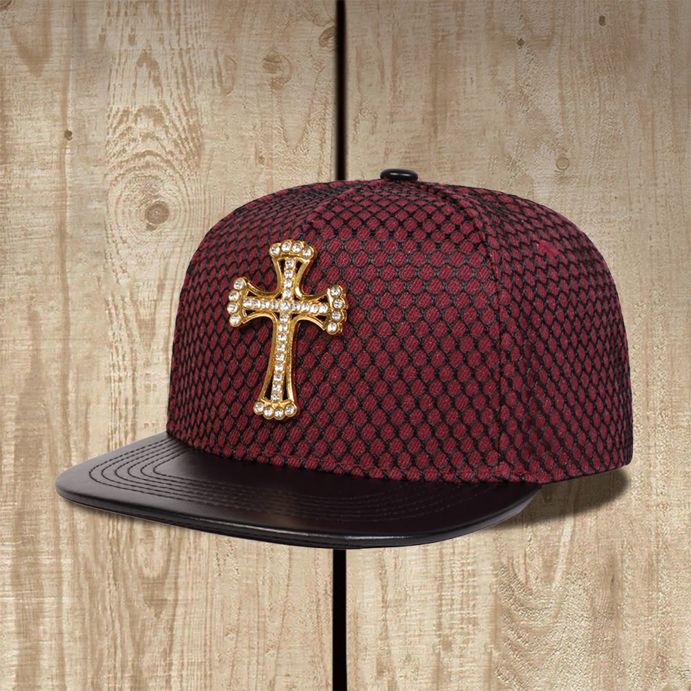 Christianartworkshop Cappellino unisex snapback con visiera piatta e motivo a nido d'ape a croce, in rete, con decorazione a croce. - Borgogna - image 0