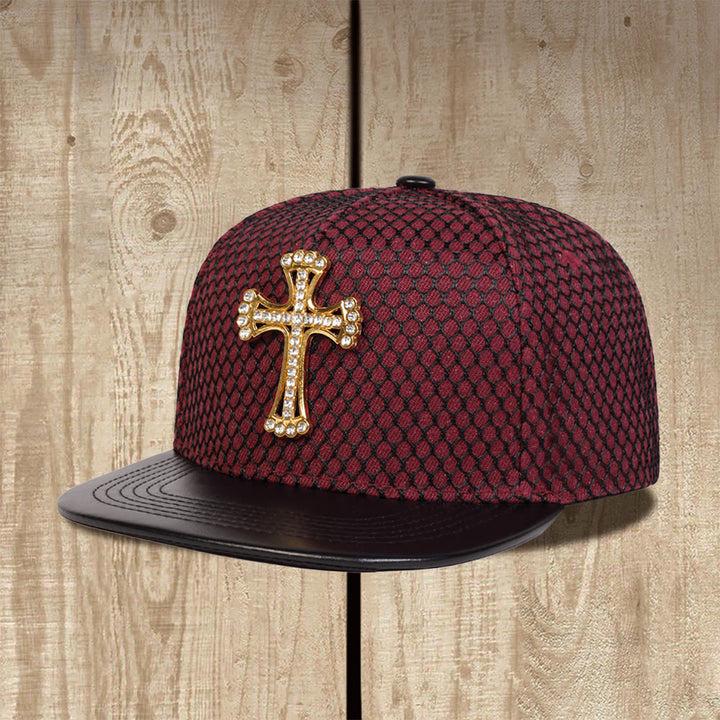 Christianartworkshop Cappellino unisex snapback con visiera piatta e motivo a nido d'ape a croce, in rete, con decorazione a croce. - Borgogna - image 0