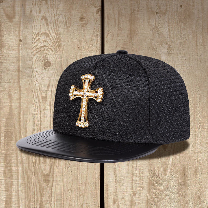 Christianartworkshop Cappellino unisex snapback con visiera piatta e motivo a nido d'ape a croce, in rete, con decorazione a croce. - Nero - image 1