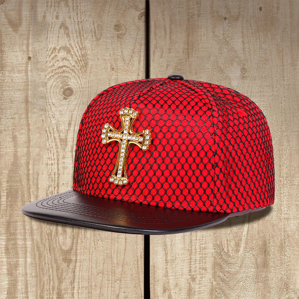 Christianartworkshop Cappellino unisex snapback con visiera piatta e motivo a nido d'ape a croce, in rete, con decorazione a croce. - Rosso - image 4