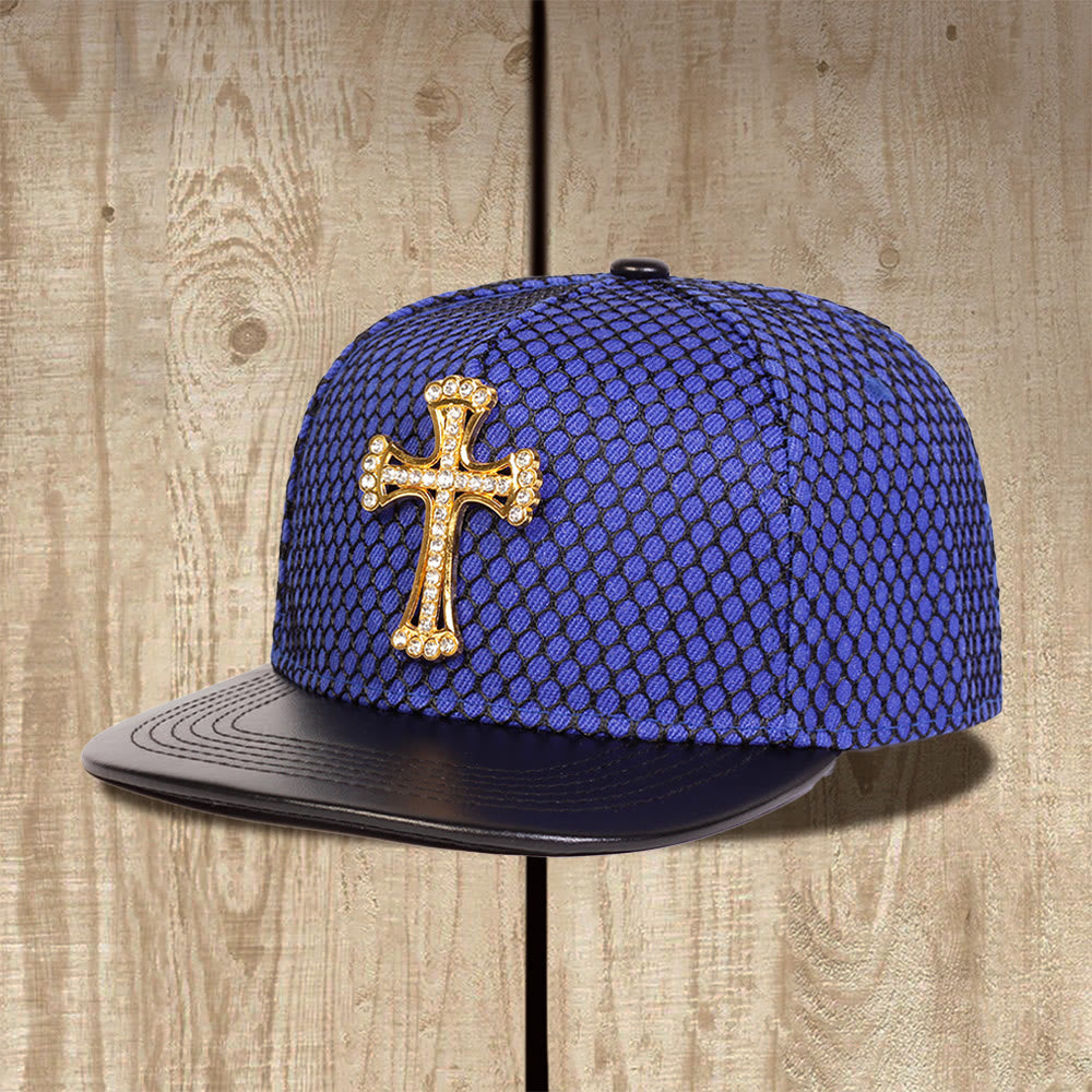 Christianartworkshop Cappellino unisex snapback con visiera piatta e motivo a nido d'ape a croce, in rete, con decorazione a croce. - Blu - image 3