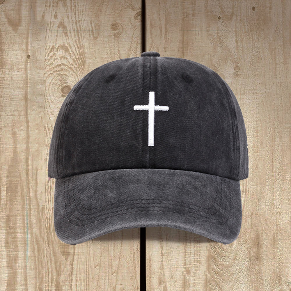 Christianartworkshop Cappellino da baseball unisex regolabile con ricamo a doppia croce, effetto vintage lavato. - Grigio scuro - image 0
