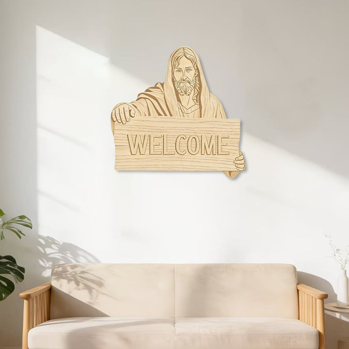 Decorazione da parete in legno naturale Christianartworkshop con targa di benvenuto con l'immagine di Gesù: un promemoria di braccia aperte. - image 2