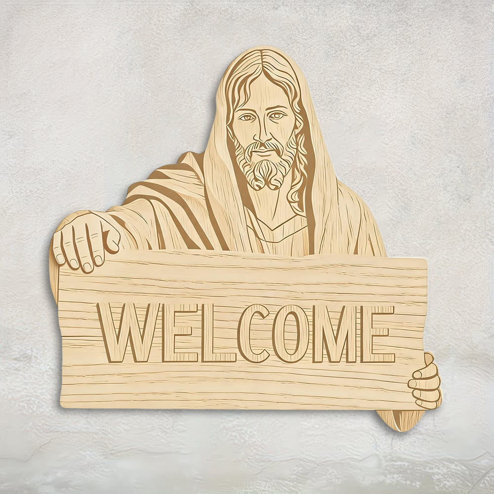 Decorazione da parete in legno naturale Christianartworkshop con targa di benvenuto con l'immagine di Gesù: un promemoria di braccia aperte. - image 1