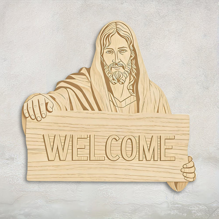 Decorazione da parete in legno naturale Christianartworkshop con targa di benvenuto con l'immagine di Gesù: un promemoria di braccia aperte. - image 1