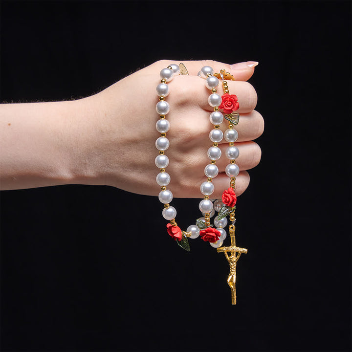 Christianartworkshop Rosario classico in avorio e rose rosse: delicata ed elegante devozione mariana. - image 1