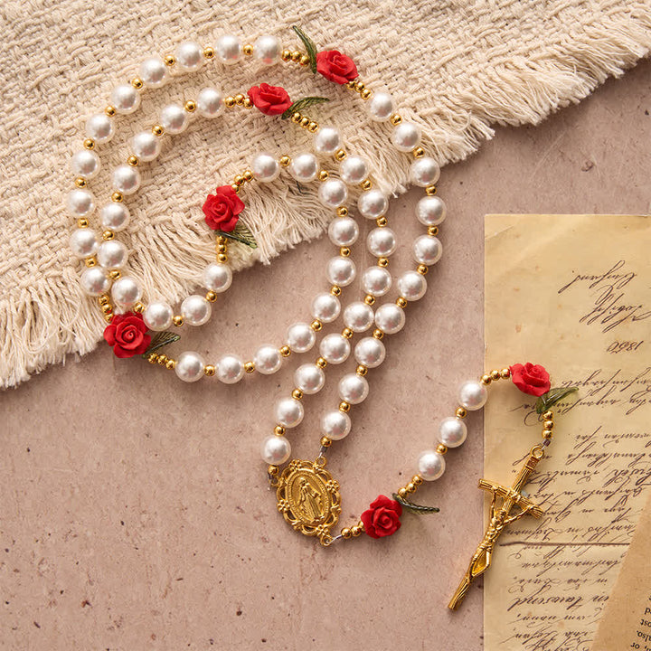 Christianartworkshop Rosario classico in avorio e rose rosse: delicata ed elegante devozione mariana. - Nostra Signora e il Crocifisso - image 0