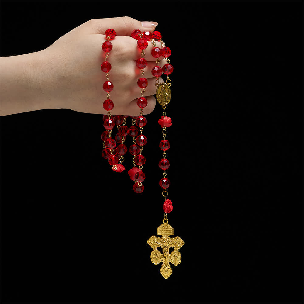 Christianartworkshop Rosario della Madonna in rosa cremisi e vetro rosso: sacra eleganza vintage. - image 1