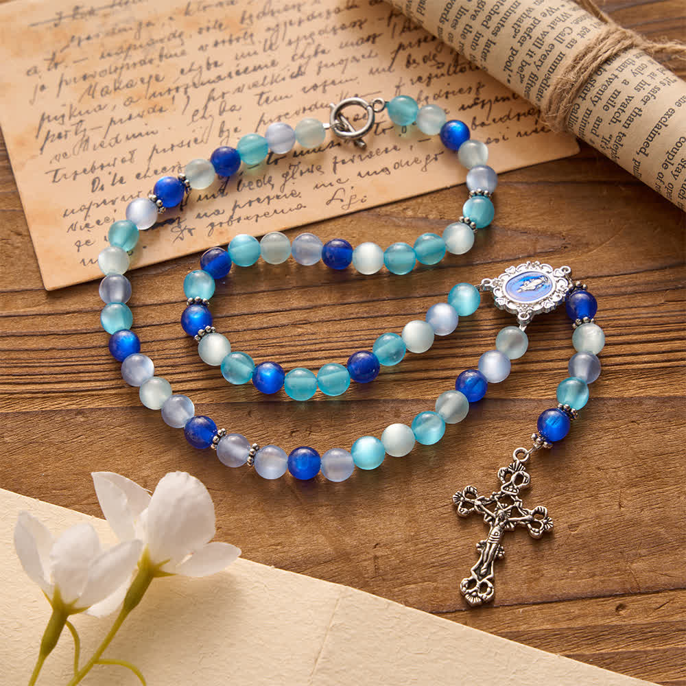 Christianartworkshop Collana rosario della Madonna con perline tricolore blu satinate e chiusura OT: devozione per l'uso quotidiano - Nostra Signora e il Crocifisso - image 0