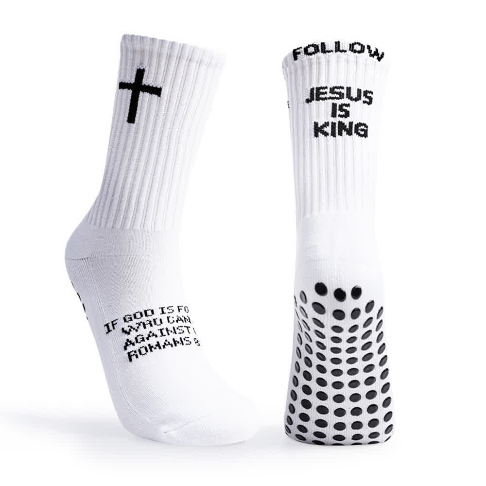 Christianartworkshop Calzini sportivi antiscivolo a mezza gamba con scritta "Follow Jesus Is King" a più livelli e pois - image 4