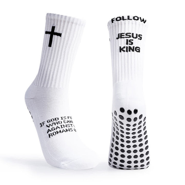 Christianartworkshop Calzini sportivi antiscivolo a mezza gamba con scritta "Follow Jesus Is King" a più livelli e pois - image 4