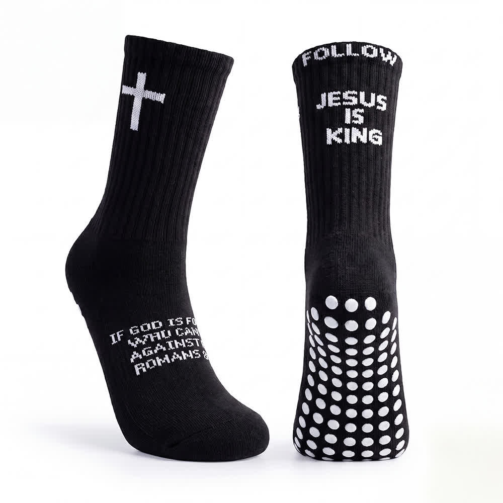 Christianartworkshop Calzini sportivi antiscivolo a mezza gamba con scritta "Follow Jesus Is King" a più livelli e pois - image 1