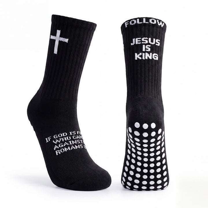 Christianartworkshop Calzini sportivi antiscivolo a mezza gamba con scritta "Follow Jesus Is King" a più livelli e pois - image 1