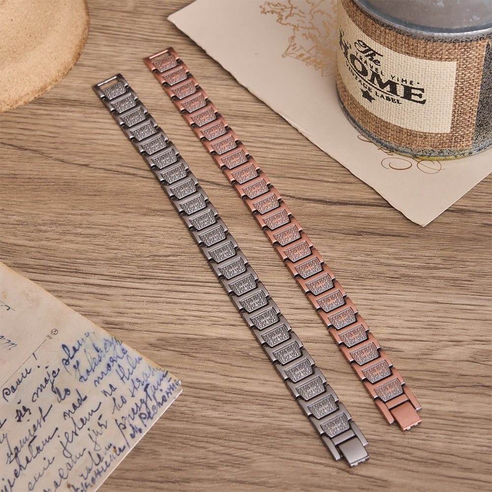 Christianartworkshop Bracciale rettangolare a maglie solide con croce incisa incorniciata da perline a bolla e chiusura regolabile pieghevole. - image 2