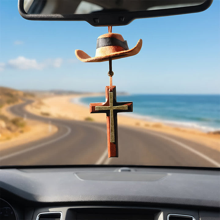 Christianartworkshop Ciondolo a forma di auto con cappello da cowboy e croce: fede incrollabile per la strada aperta - Croce in legno e metallo - Marrone - Con perlina - image 12