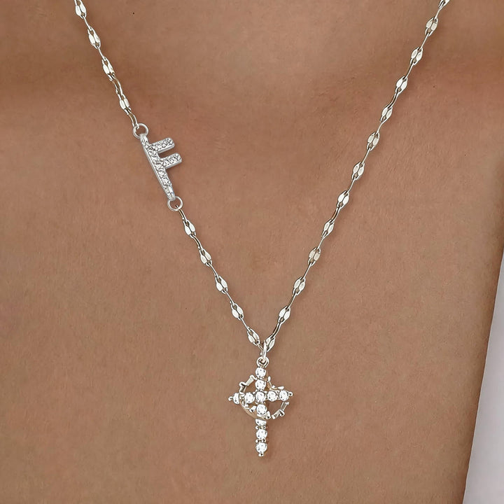 Collana con croce e corona personalizzata con iniziale AZ in tonalità oro e argento Christianartworkshop : ciondolo personalizzato con monogramma di fede sacra. - F - Argento - image 35