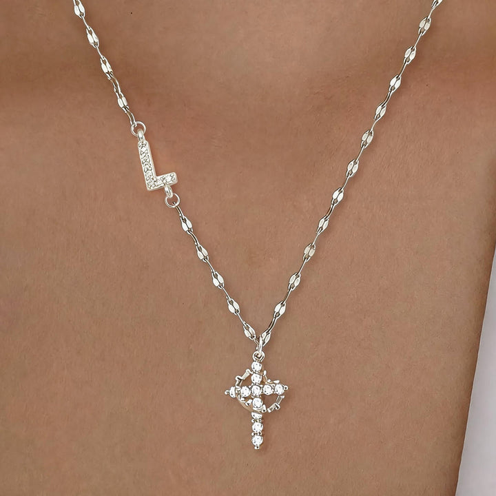 Collana con croce e corona personalizzata con iniziale AZ in tonalità oro e argento Christianartworkshop : ciondolo personalizzato con monogramma di fede sacra. - L - Argento - image 41