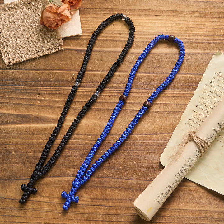 Collana con croce blu e nera e 100 nodi della benedizione Christianartworkshop : simbolo prezioso di benedizione sacra. - image 1