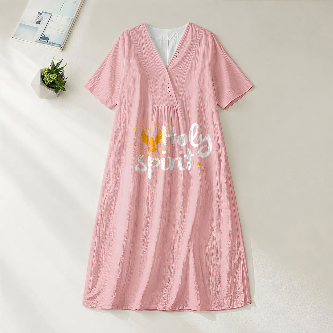Christianartworkshop Abito midi a maniche corte con scollo a V e stampa "Spirito Santo" con colombe e raggi di sole - Rosa - 4XL - image 10