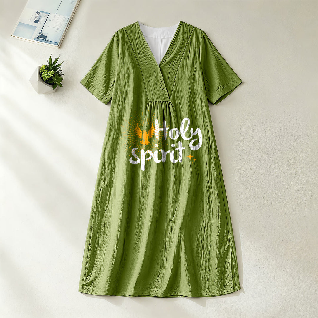 Christianartworkshop Abito midi a maniche corte con scollo a V e stampa "Spirito Santo" con colombe e raggi di sole - Verde oliva - 4XL - image 6