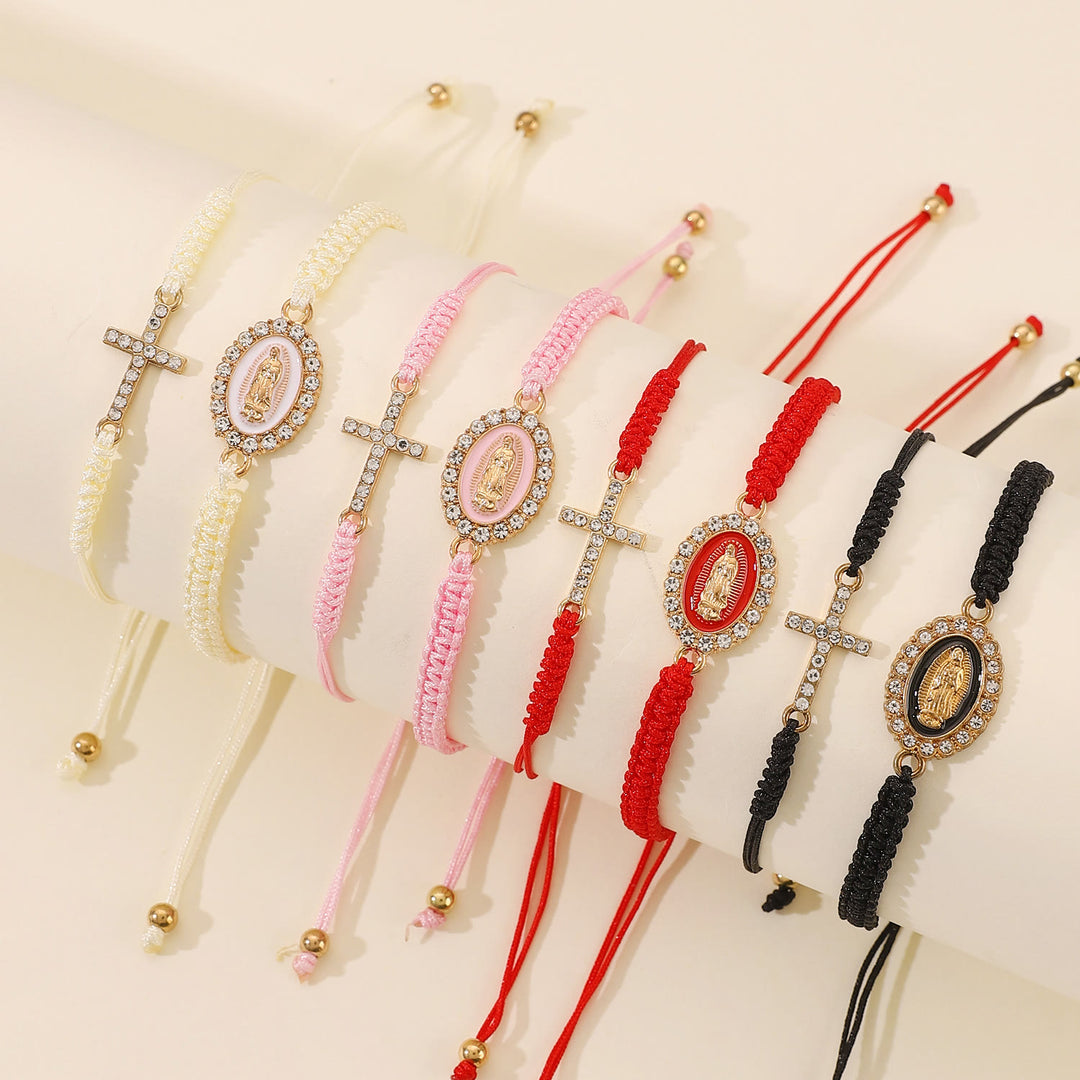 Christianartworkshop Set di braccialetti con cordino a doppia treccia, croce tempestata di zirconi e medaglia della Madonna con aureola di strass. - image 1