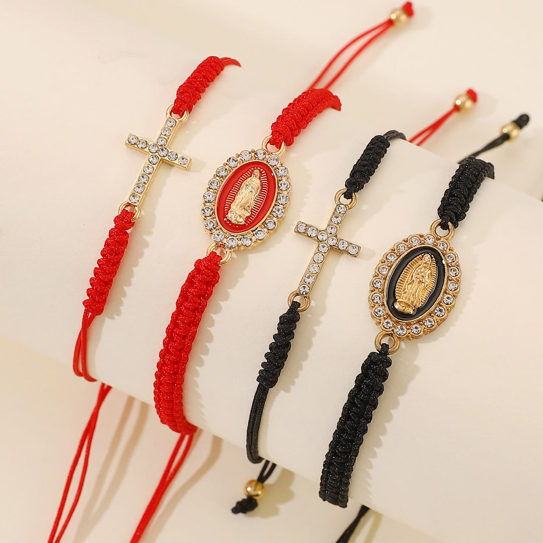 Christianartworkshop Set di braccialetti con cordino a doppia treccia, croce tempestata di zirconi e medaglia della Madonna con aureola di strass. - image 0
