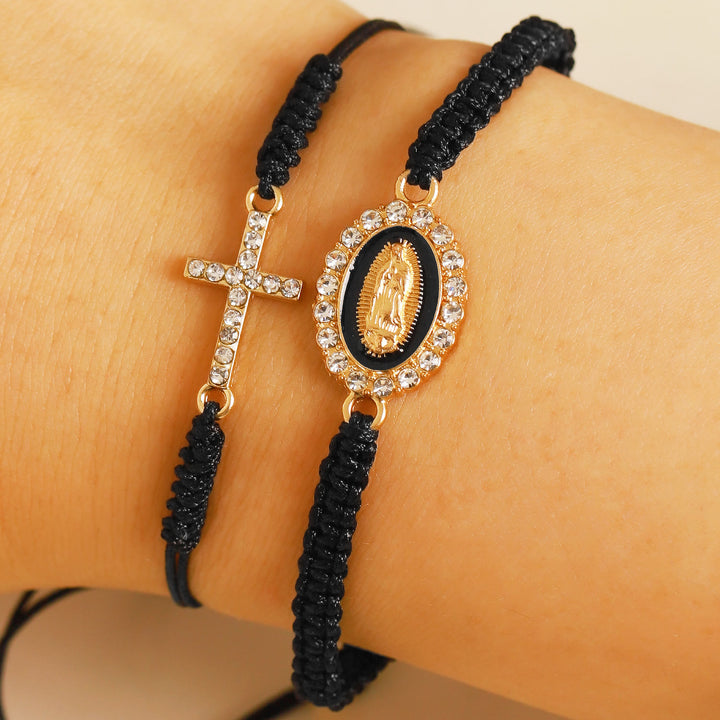 Christianartworkshop Set di braccialetti con cordino a doppia treccia, croce tempestata di zirconi e medaglia della Madonna con aureola di strass. - Nero - image 5