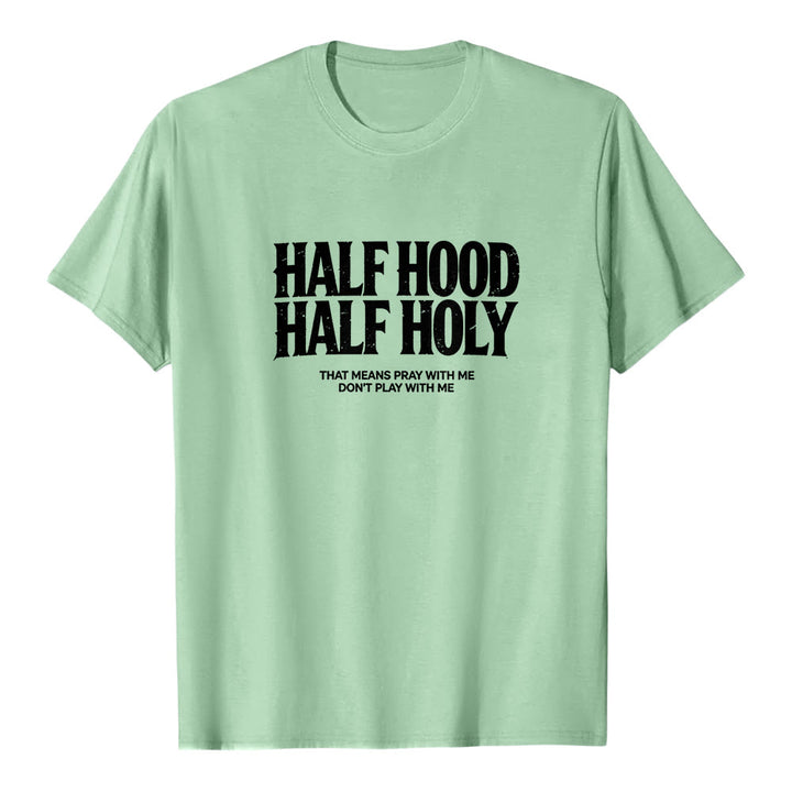 Maglietta a maniche corte premium con scritta gotica in grassetto "Half Hood Half Holy" Christianartworkshop. - Verde chiaro - 2XL - image 6