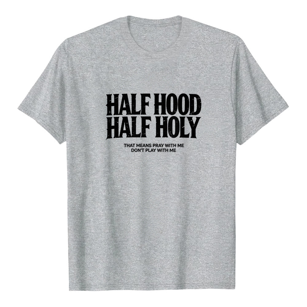 Maglietta a maniche corte premium con scritta gotica in grassetto "Half Hood Half Holy" Christianartworkshop. - Grigio - 2XL - image 1