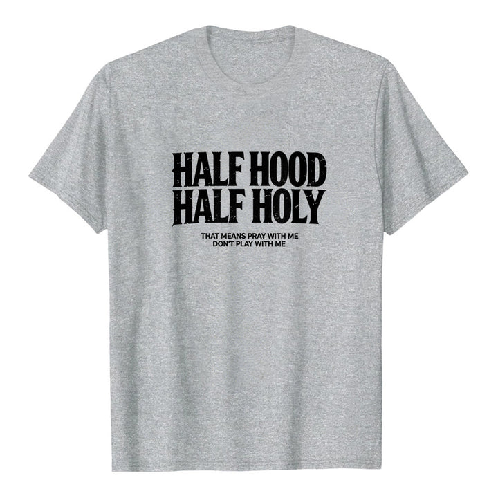 Maglietta a maniche corte premium con scritta gotica in grassetto "Half Hood Half Holy" Christianartworkshop. - Grigio - 2XL - image 1