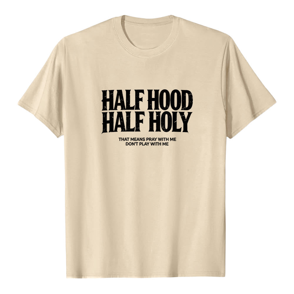 Maglietta a maniche corte premium con scritta gotica in grassetto "Half Hood Half Holy" Christianartworkshop. - Beige - 2XL - image 4