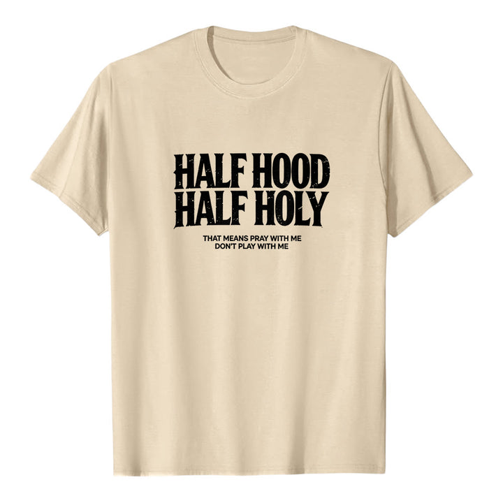 Maglietta a maniche corte premium con scritta gotica in grassetto "Half Hood Half Holy" Christianartworkshop. - Beige - 2XL - image 4