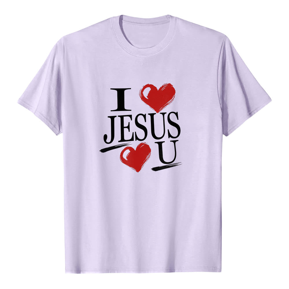 Maglietta a maniche corte premium con doppio cuore "I Love Jesus and You" Christianartworkshop. - Viola - 2XL - image 3